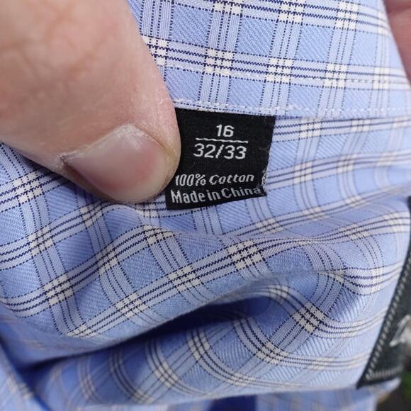 David Donahue Shirt Mens 16 32/33 Blue Check Dress Button Front French Cuff - Picture 8 of 9